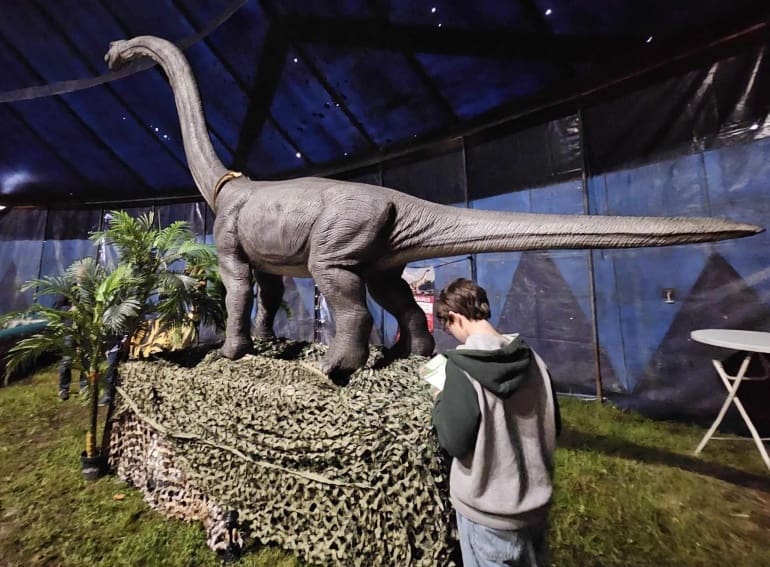 Dino expo in Breepark Breda kind bij dinosaurus