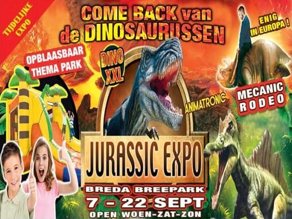Jurassic Expo poster bij Breepark in Breda