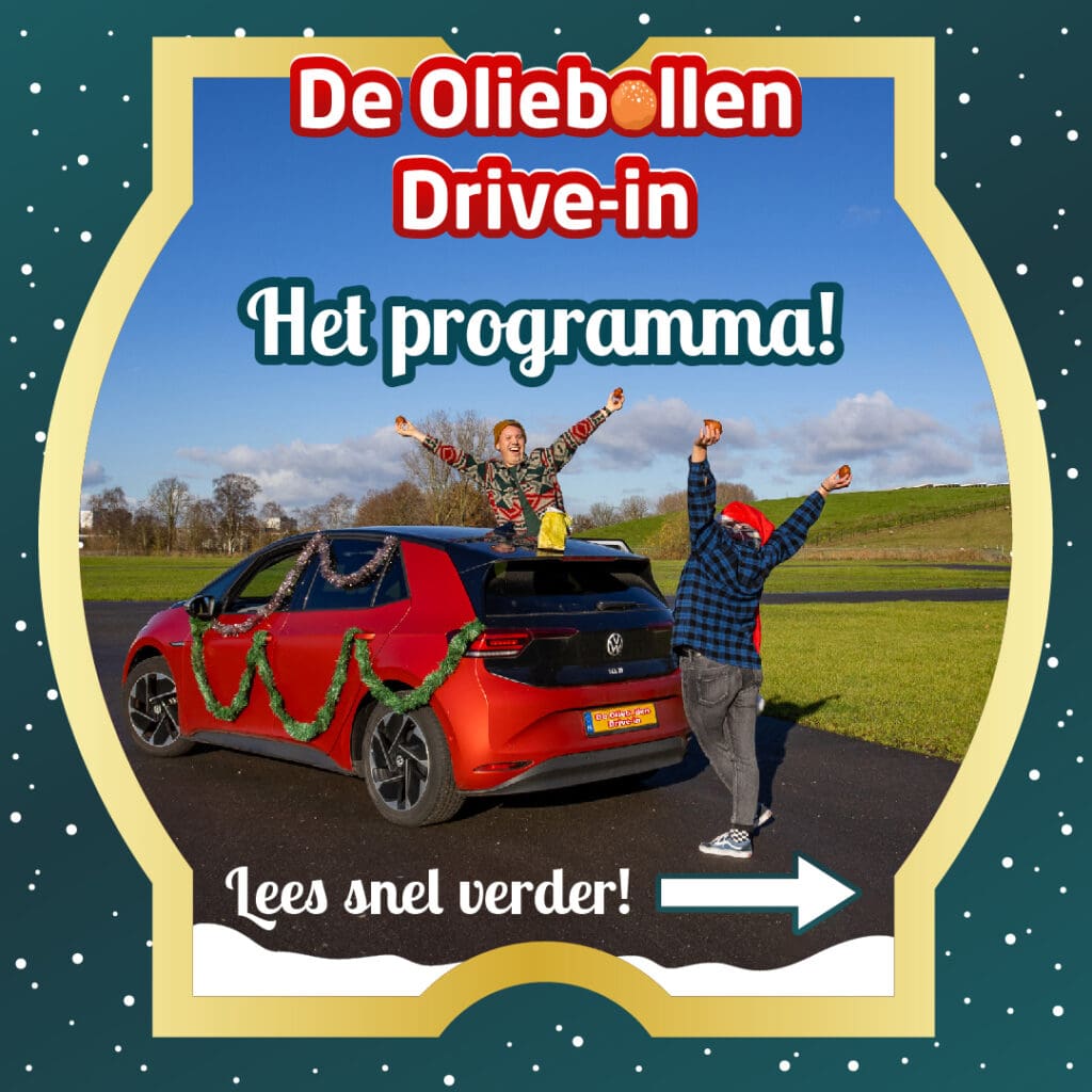 Programma Oliebollen Drive-in Breda 2024 mensen met oliebollen bij een auto.