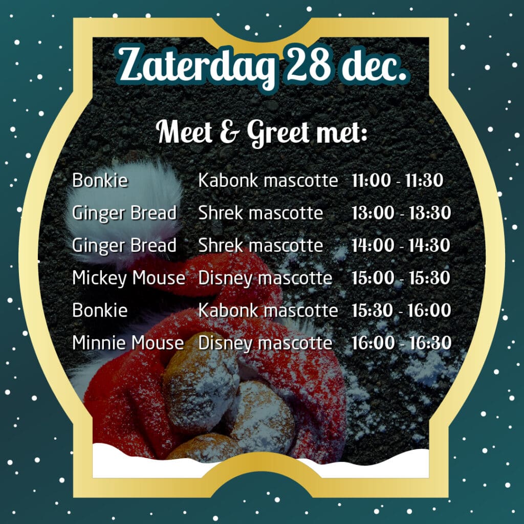Programma voor zaterdag 28 december Oliebollen Drive-in Mascottes 2024