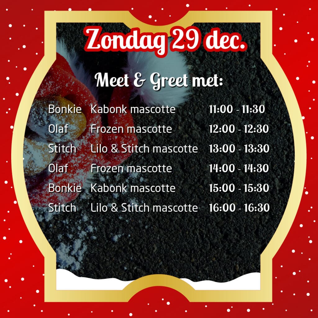 Programma voor zondag 29 december Oliebollen Drive-in Mascottes 2024