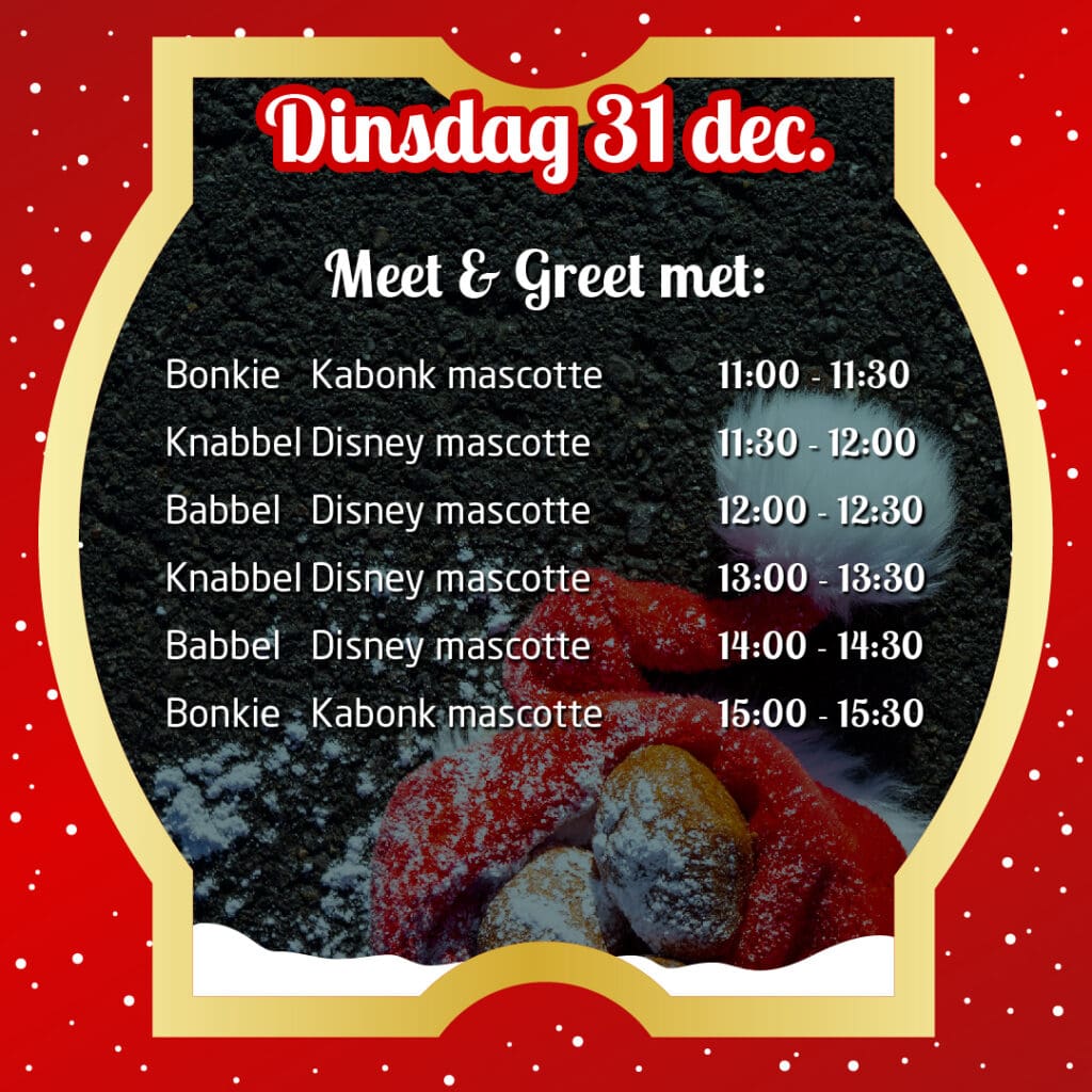 Programma voor dinsdag 31 december Oliebollen Drive-in Mascottes 2024